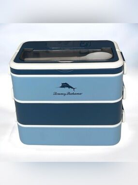 Tommy Bahama Light Blue and Navy Striped Stackable Lunch Bento
